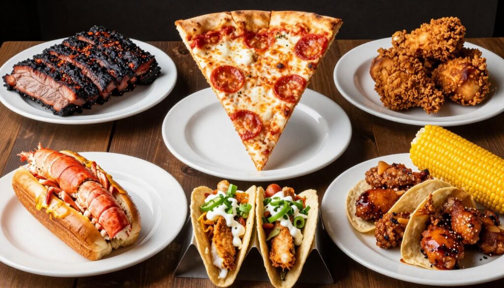 American regional food specialties including BBQ, pizza, seafood, and Tex-Mex