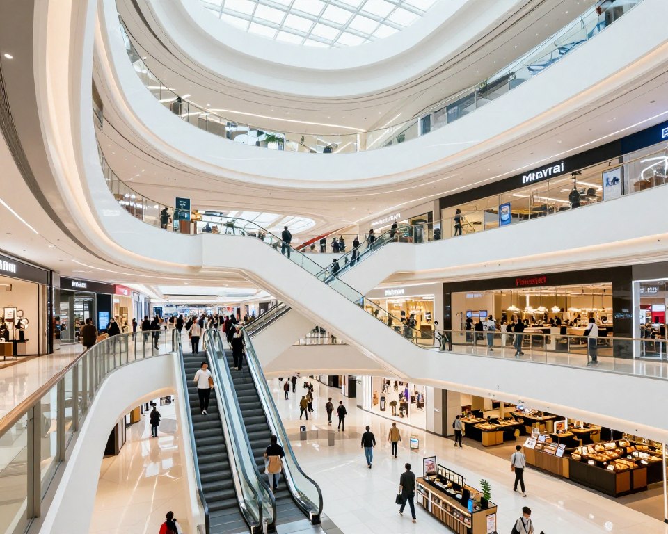 American shopping mall interior with stores and shoppers
