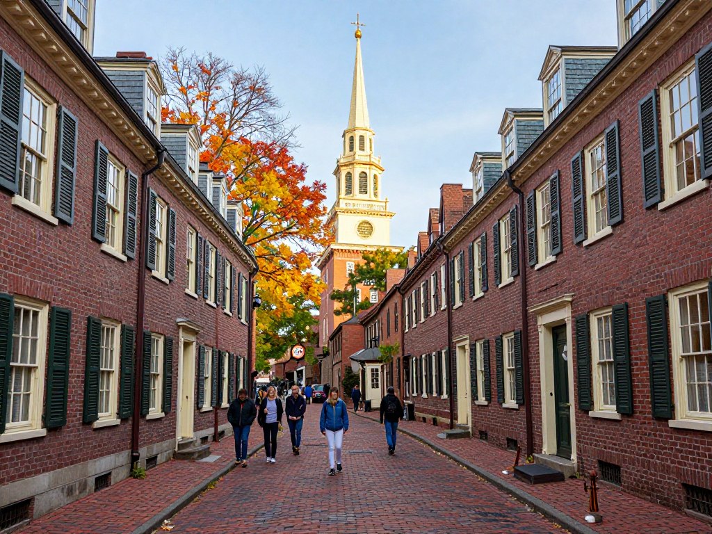 Boston Freedom Trail with historic red brick path and colonial buildings