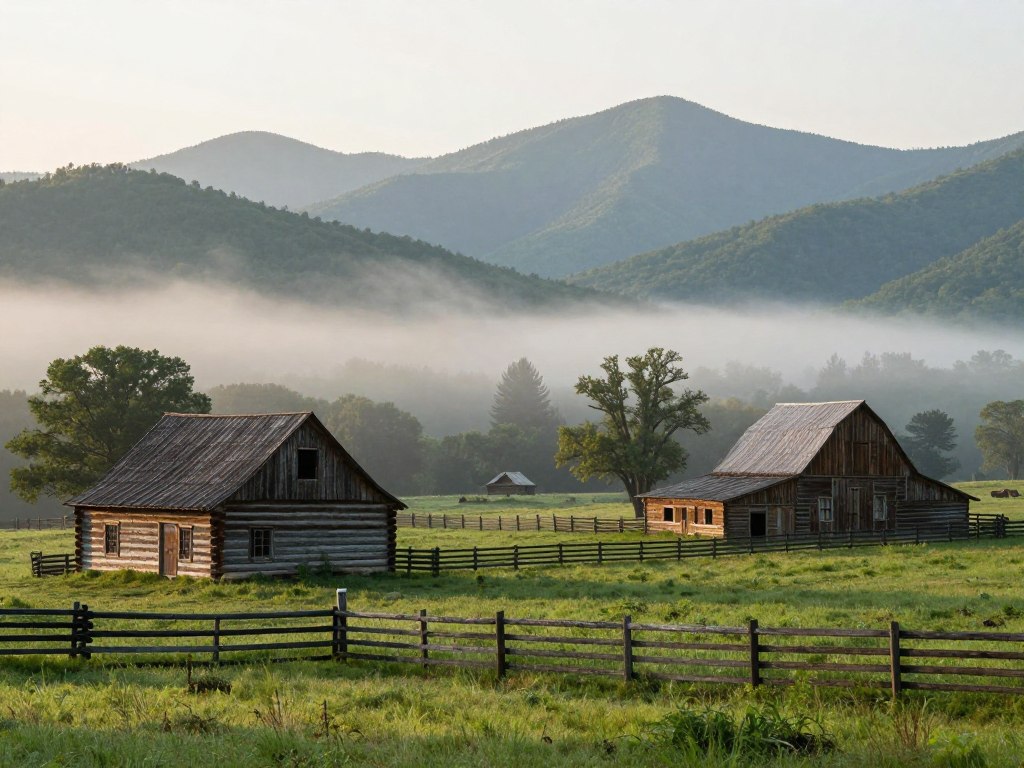 Cades Cove valley with historic buildings and mountains