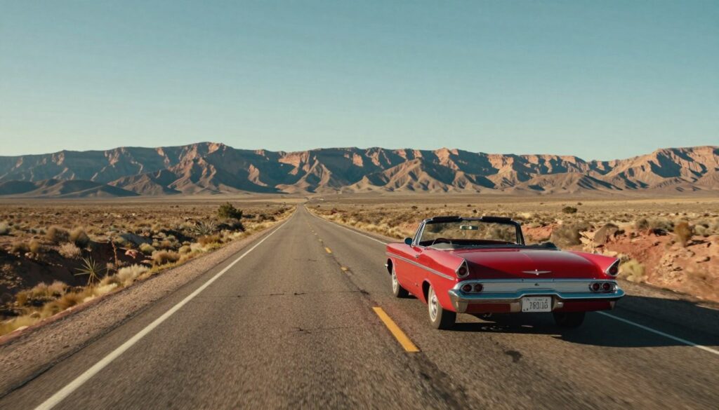 Classic American road trip with vintage car on scenic highway