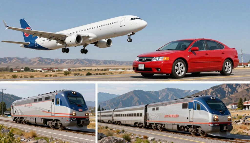 Collage of USA transportation options including airplane, rental car, and Amtrak train