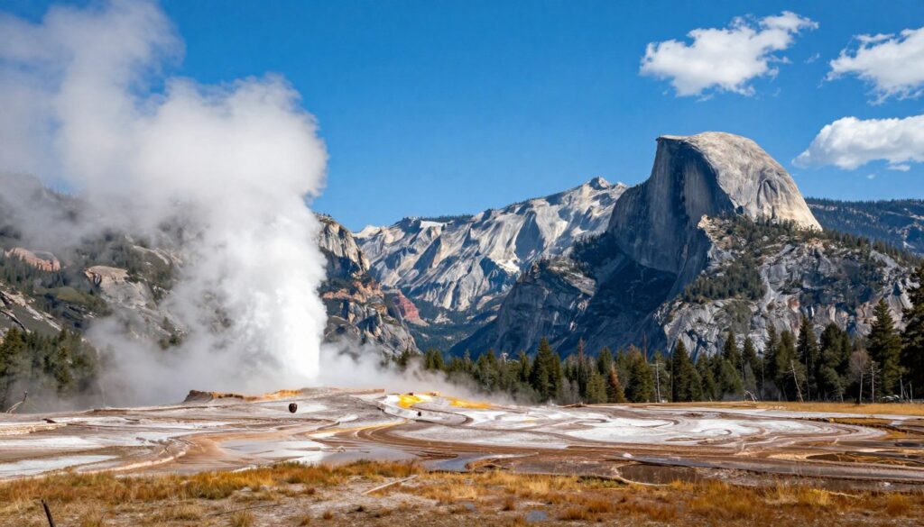 Collage of iconic national park landscapes including Yellowstone, Yosemite, and Grand Canyon