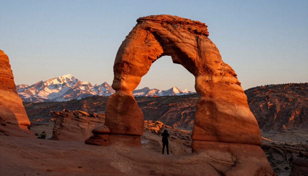 Delicate Arch at sunset with La Sal Mountains background