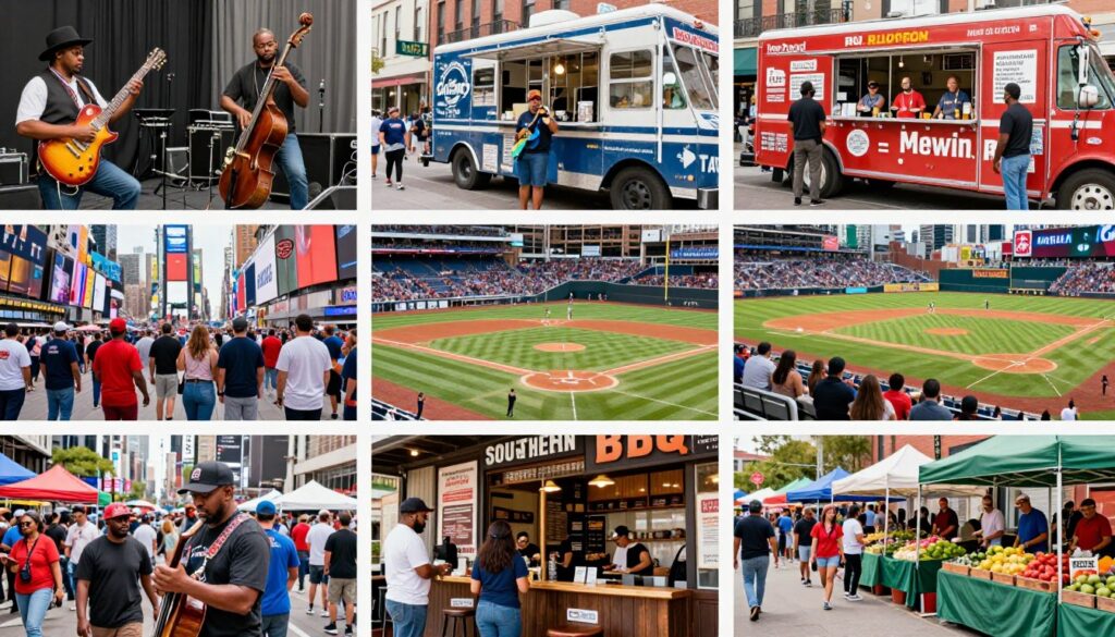 Diverse American cultural scenes showing food, music, and city life