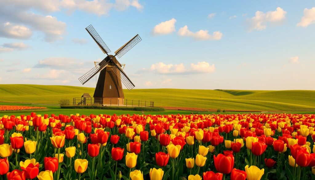 Dutch windmill and tulips in Pella Iowa