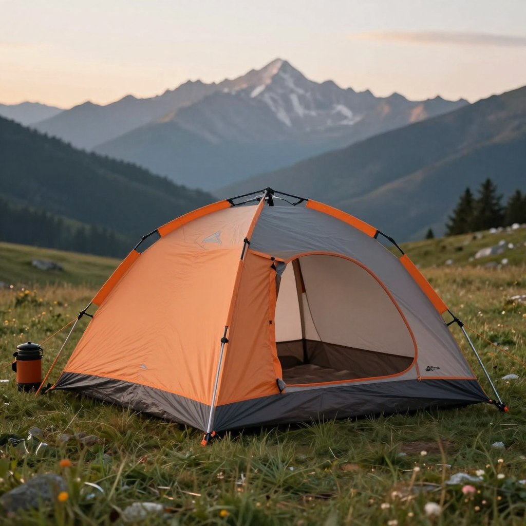 Four-season camping tent in mountain meadow