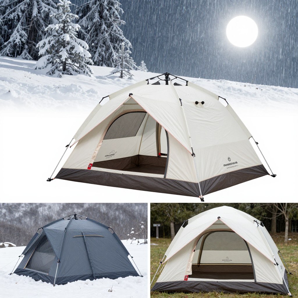 Four-season tent in various weather conditions