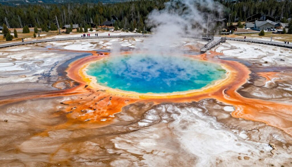 Grand Prismatic Spring aerial view with vibrant colors