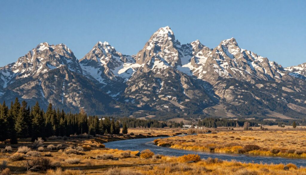 Grand Teton mountain range with Snake River winding through valley