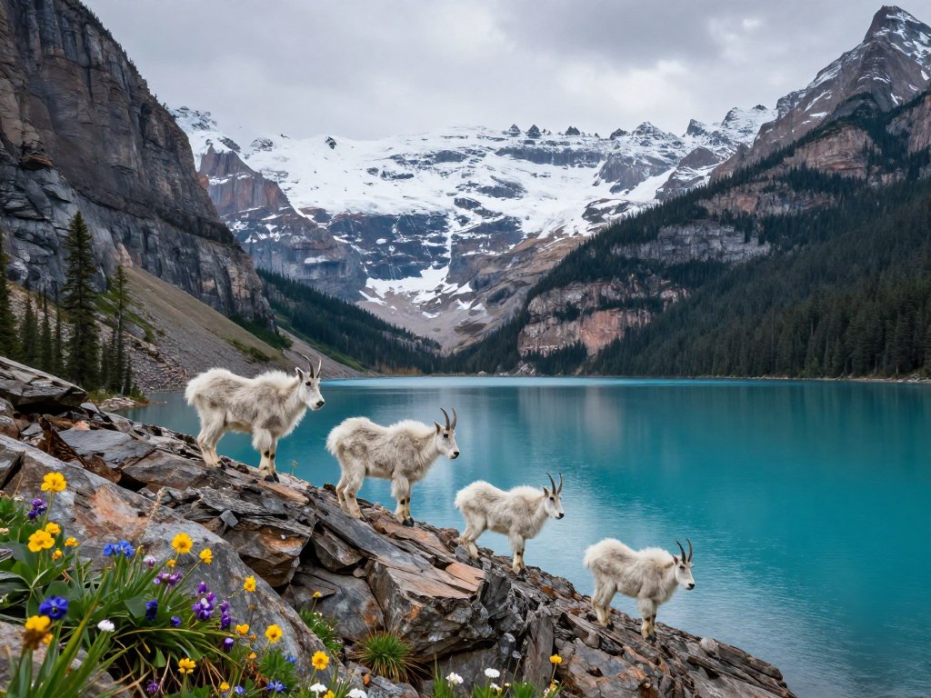 Hidden Lake with mountain goats on rocky outcrop