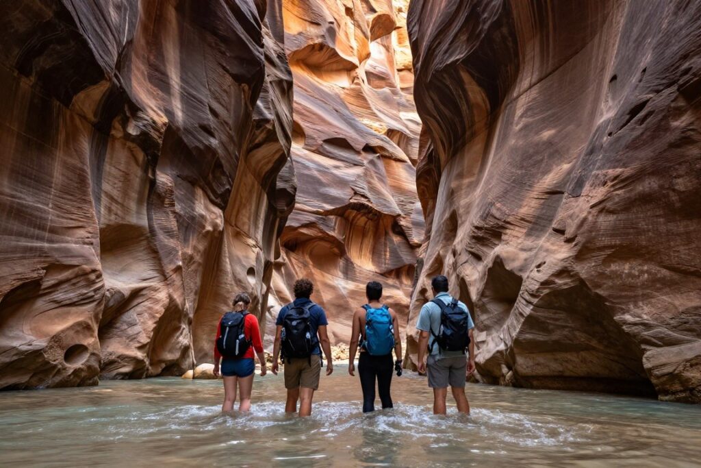 Hikers in The Narrows slot canyon