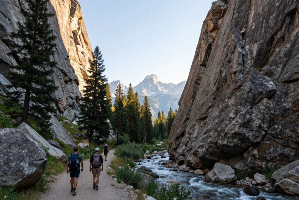 Hikers on Cascade Canyon Trail with mountain backdrop