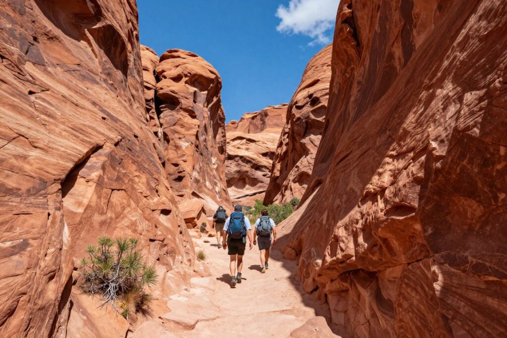 Hikers on Devils Garden Trail among red rock formations