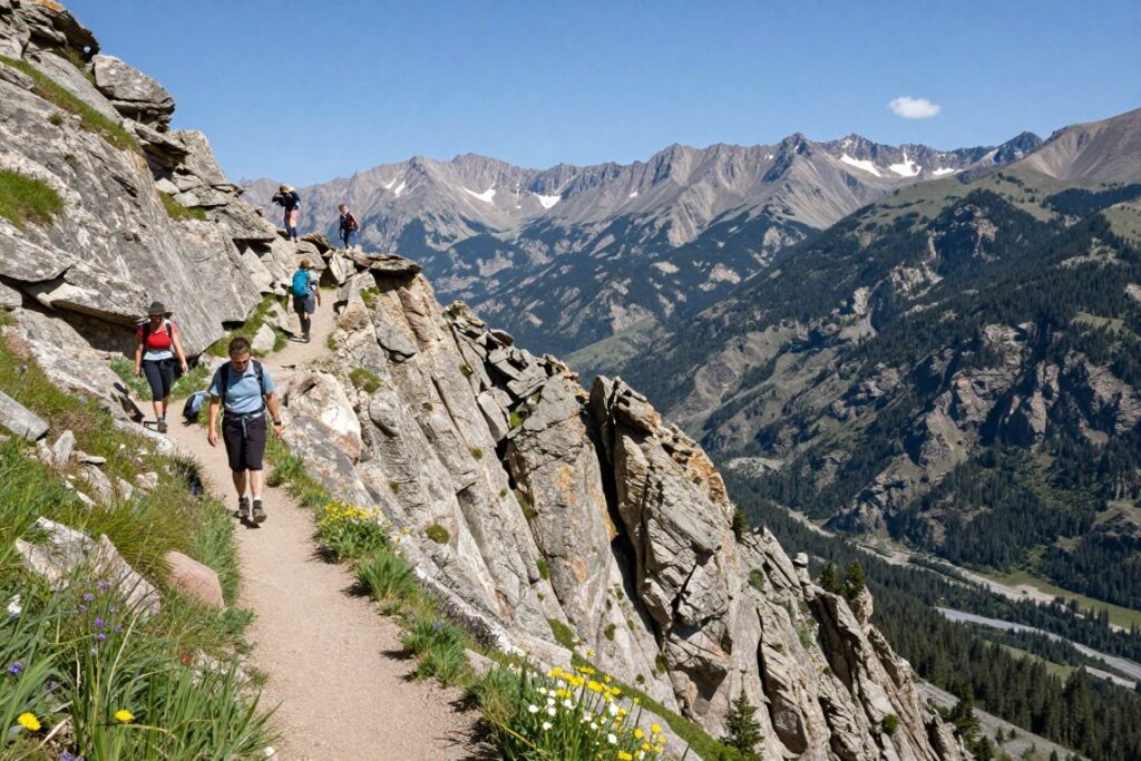 Hikers on Highline Trail with mountain backdrop