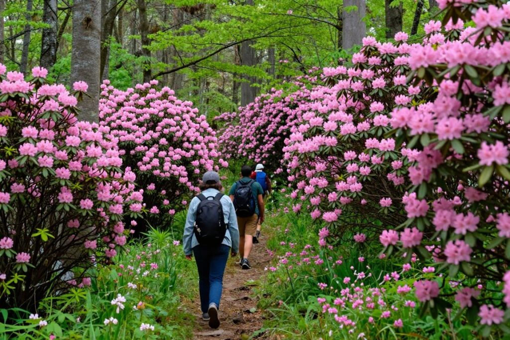Hikers on trail through dense rhododendron tunnel
