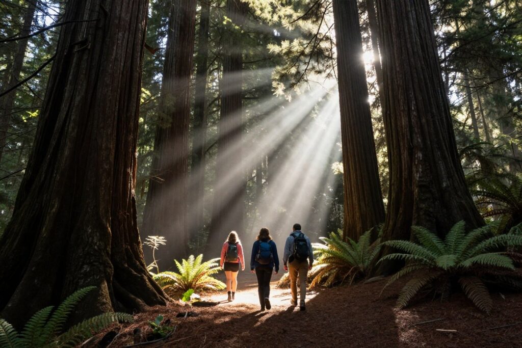 Hikers on trail through old-growth forest with sunbeams