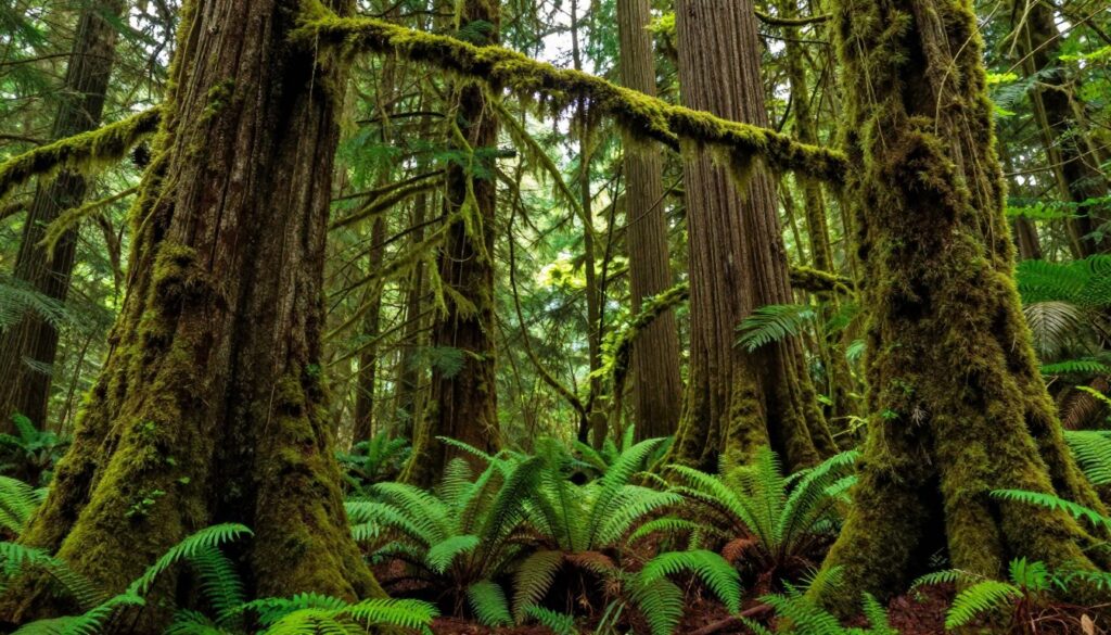 Hoh Rainforest with moss-covered trees and ferns
