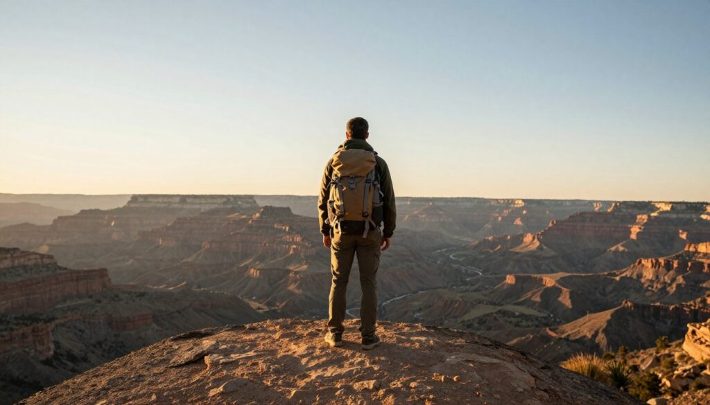 Inspiring American landscape with traveler overlooking vista