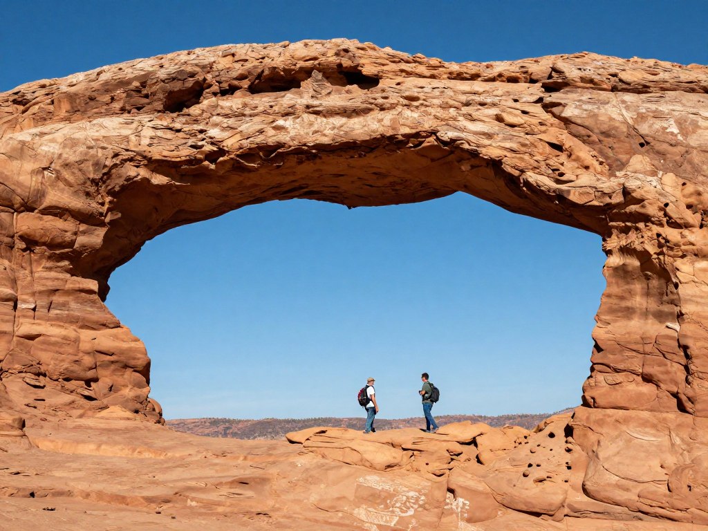 Landscape Arch spanning canyon with hikers below