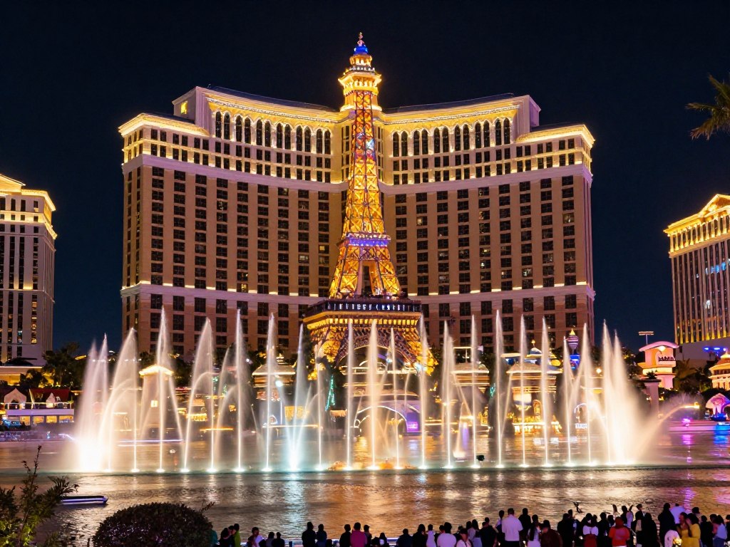 Las Vegas Strip at night with casino lights and fountains