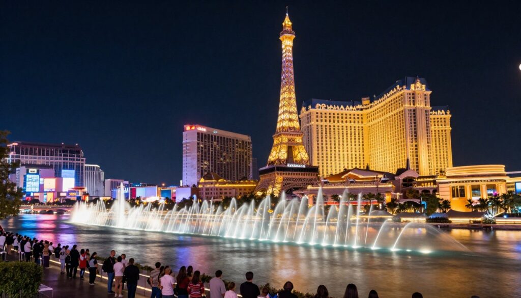 Las Vegas Strip at night with illuminated casino resorts