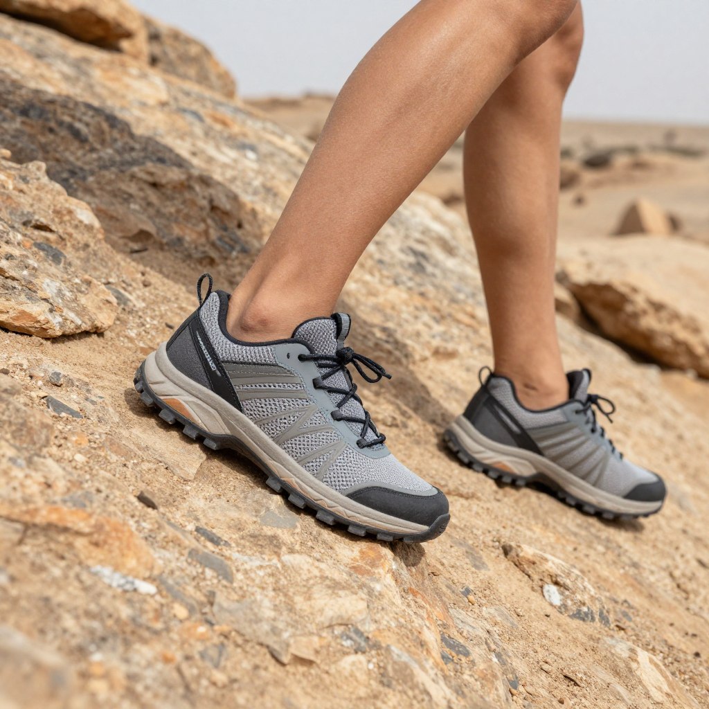 Lightweight trail running shoes on rocky terrain