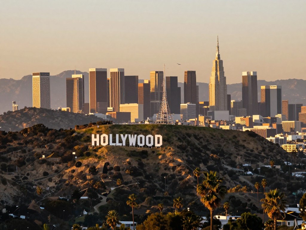 Los Angeles Hollywood sign and downtown skyline at sunset