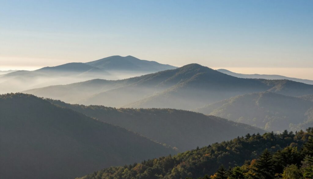 Misty mountain ridges fading into distance at sunrise