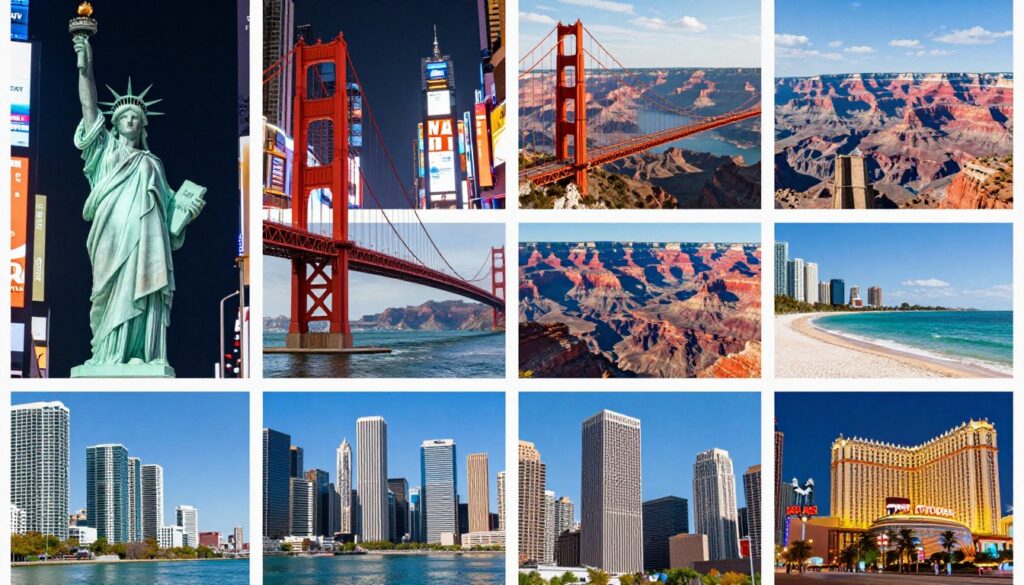 Montage of famous USA destinations including cities and natural landmarks