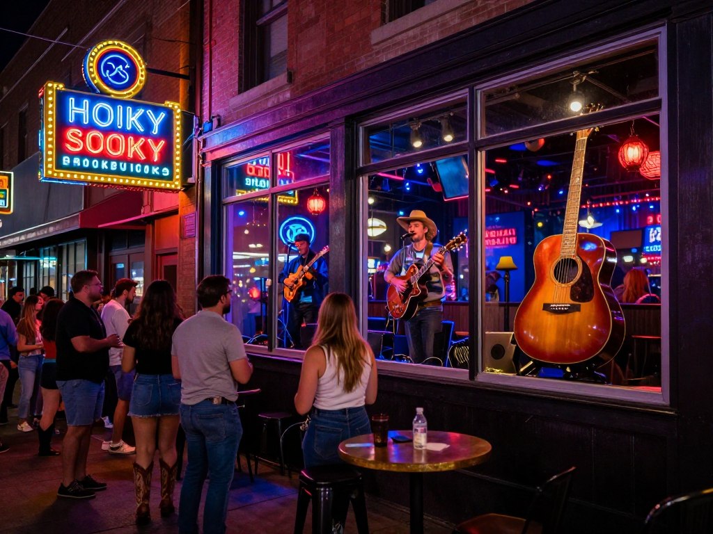 Nashville Tennessee honky-tonk bars on Broadway with neon signs