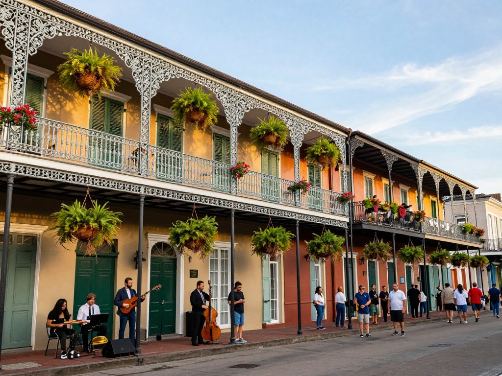 New Orleans French Quarter with colorful buildings and wrought iron balconies
