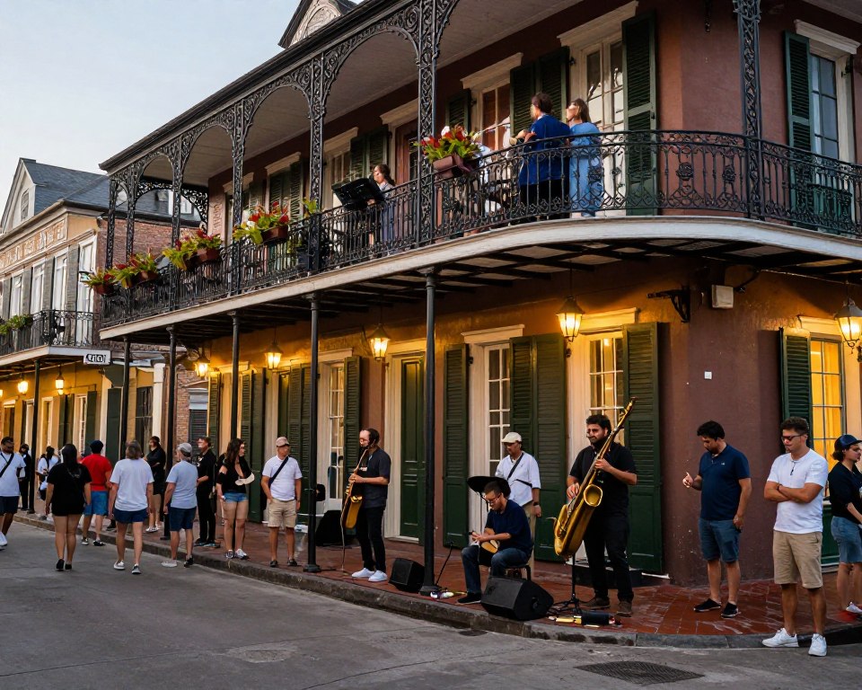 New Orleans French Quarter with jazz musicians and historic buildings