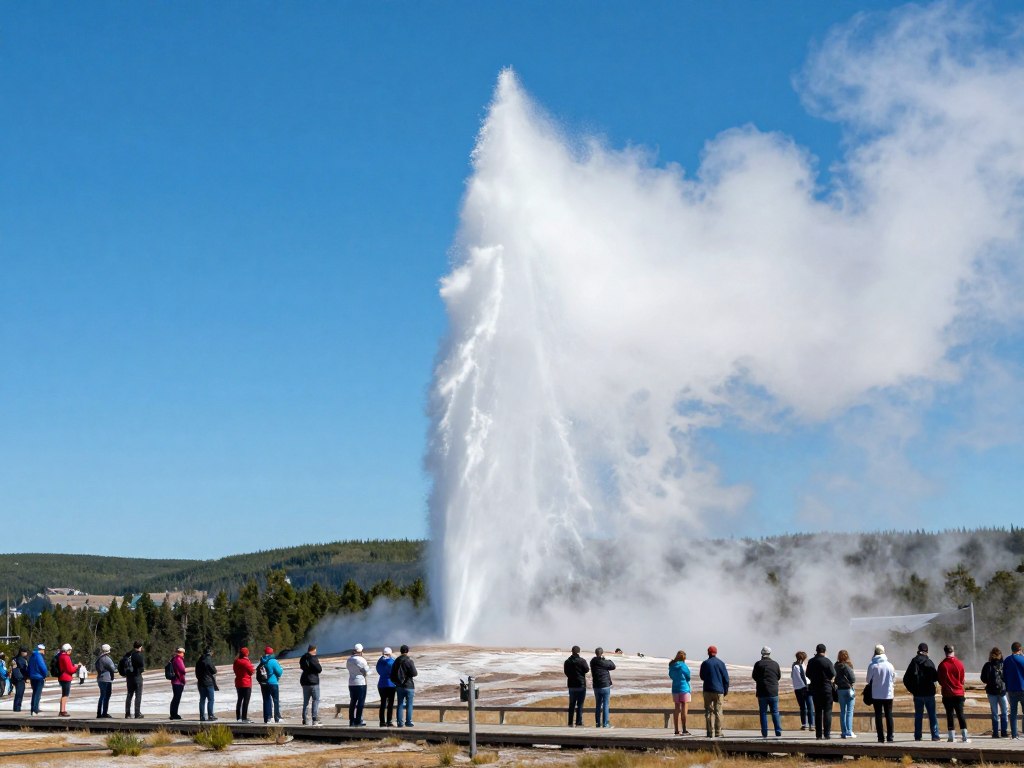Old Faithful geyser erupting with crowd watching