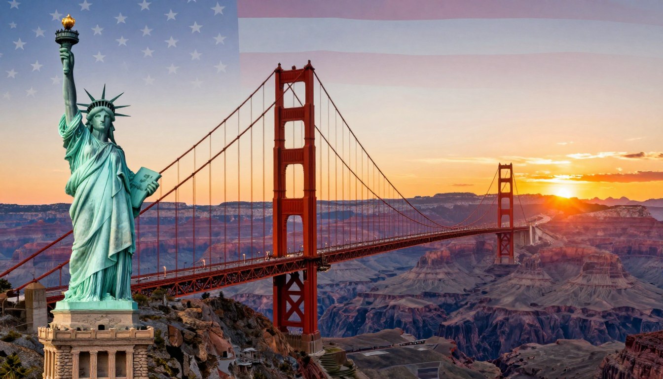 Panoramic view of iconic American landmarks including Statue of Liberty, Golden Gate Bridge, and Grand Canyon