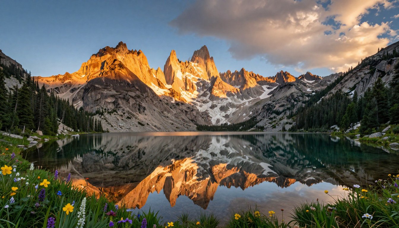 Panoramic vista of mountain peaks reflecting in pristine alpine lake at sunrise