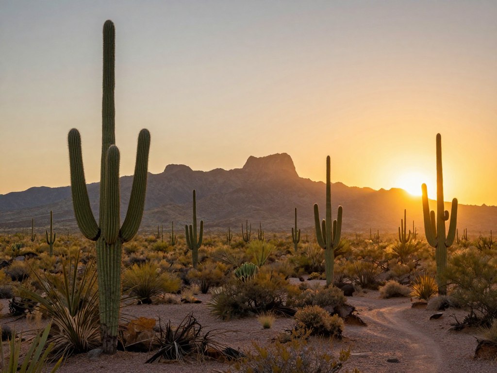 Phoenix Arizona desert with saguaro cacti and mountain backdrop