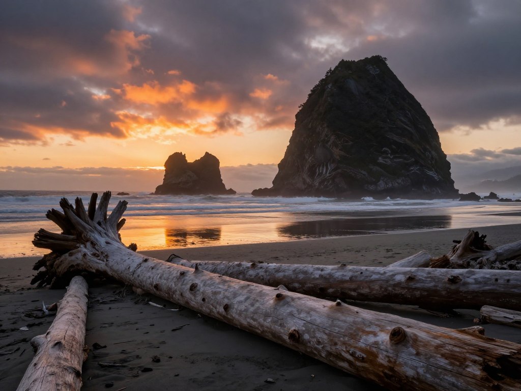 Ruby Beach sea stacks at sunset with driftwood