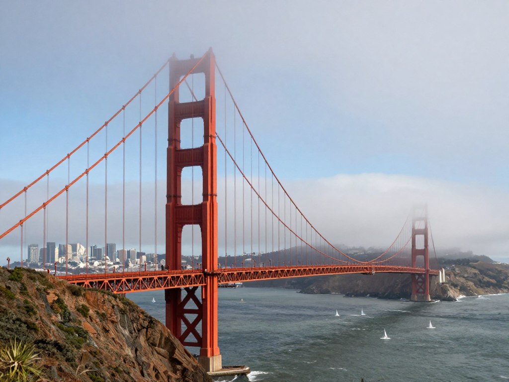 San Francisco Golden Gate Bridge with fog and city skyline