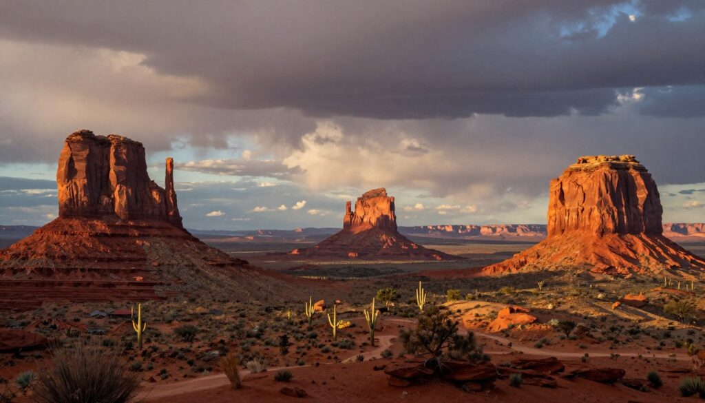 Southwest desert landscape with red rock formations and dramatic sky