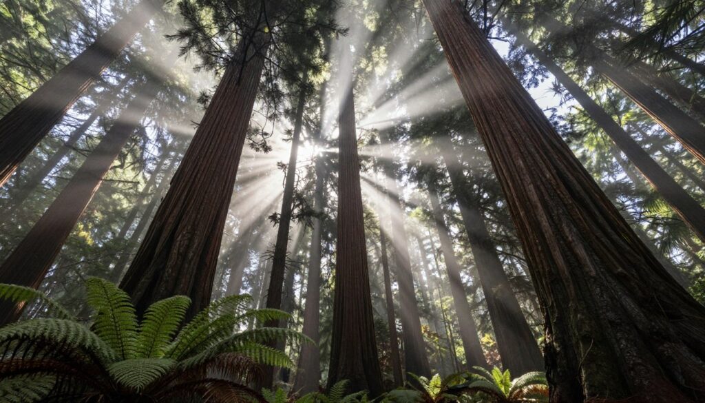 Towering redwood trees with sunlight filtering through, Redwood National Park, one of America's 10 most stunning national parks