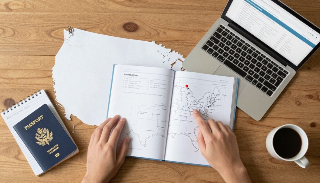 Traveler planning USA trip with maps, guidebooks, and laptop showing flight bookings