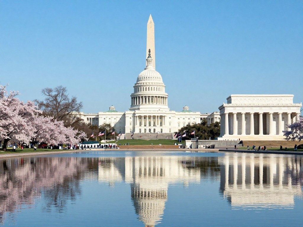 Washington DC monuments with Capitol Building and reflecting pool
