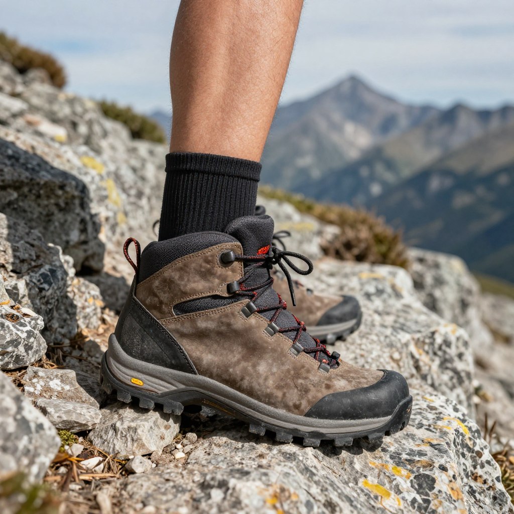 Waterproof hiking boots on mountain trail