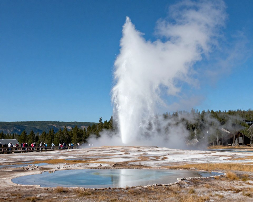 Yellowstone National Park with Old Faithful geyser erupting