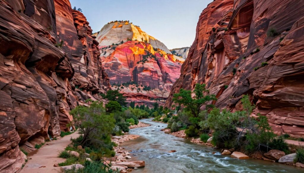 Zion Canyon with Virgin River and towering sandstone cliffs